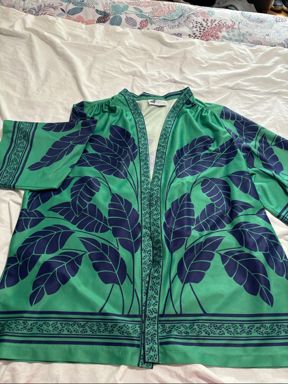 Green & Navy Leaf Print Open Front Kimono - Unknown Brand